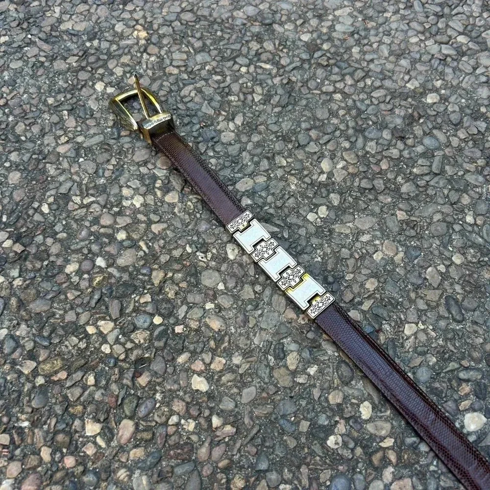 Brighton Brown Leather Gold Engraved Metal Link Belt Size Medium